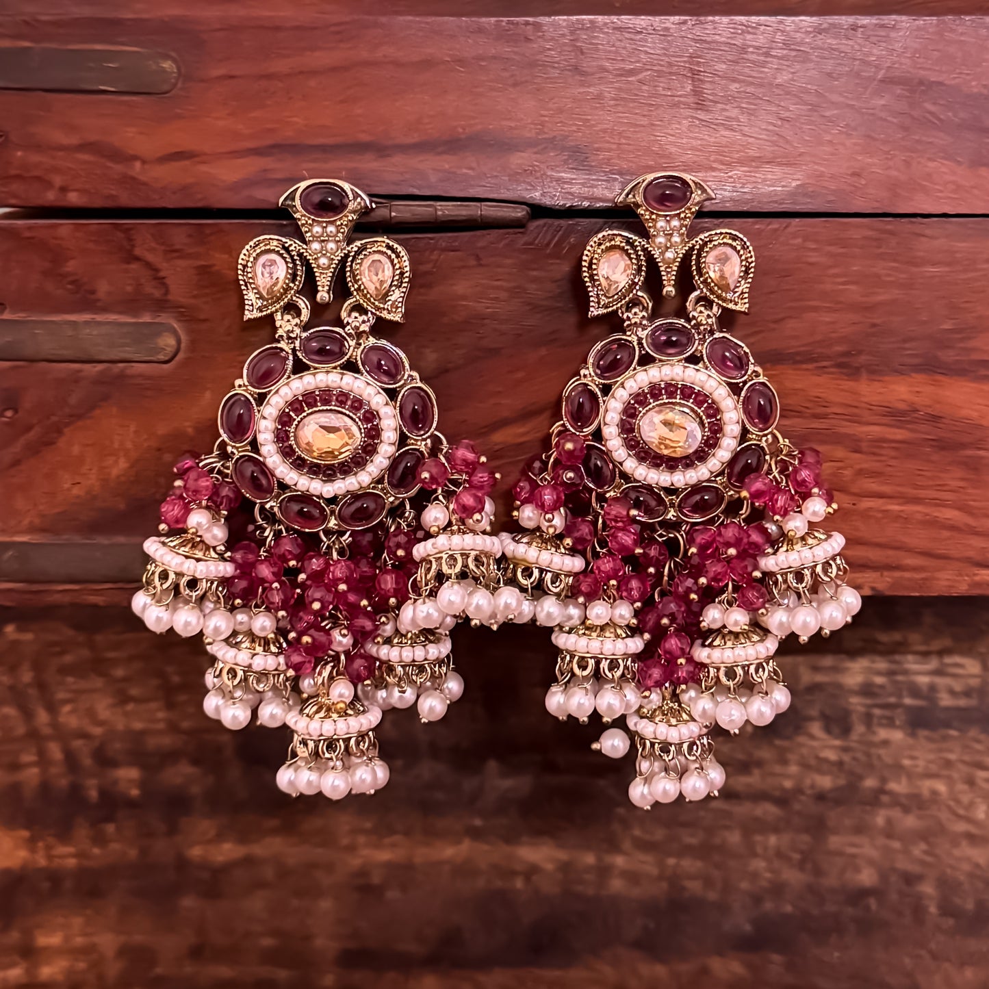 Heer Pearl Jhumka Chandbali Earrings - Wine