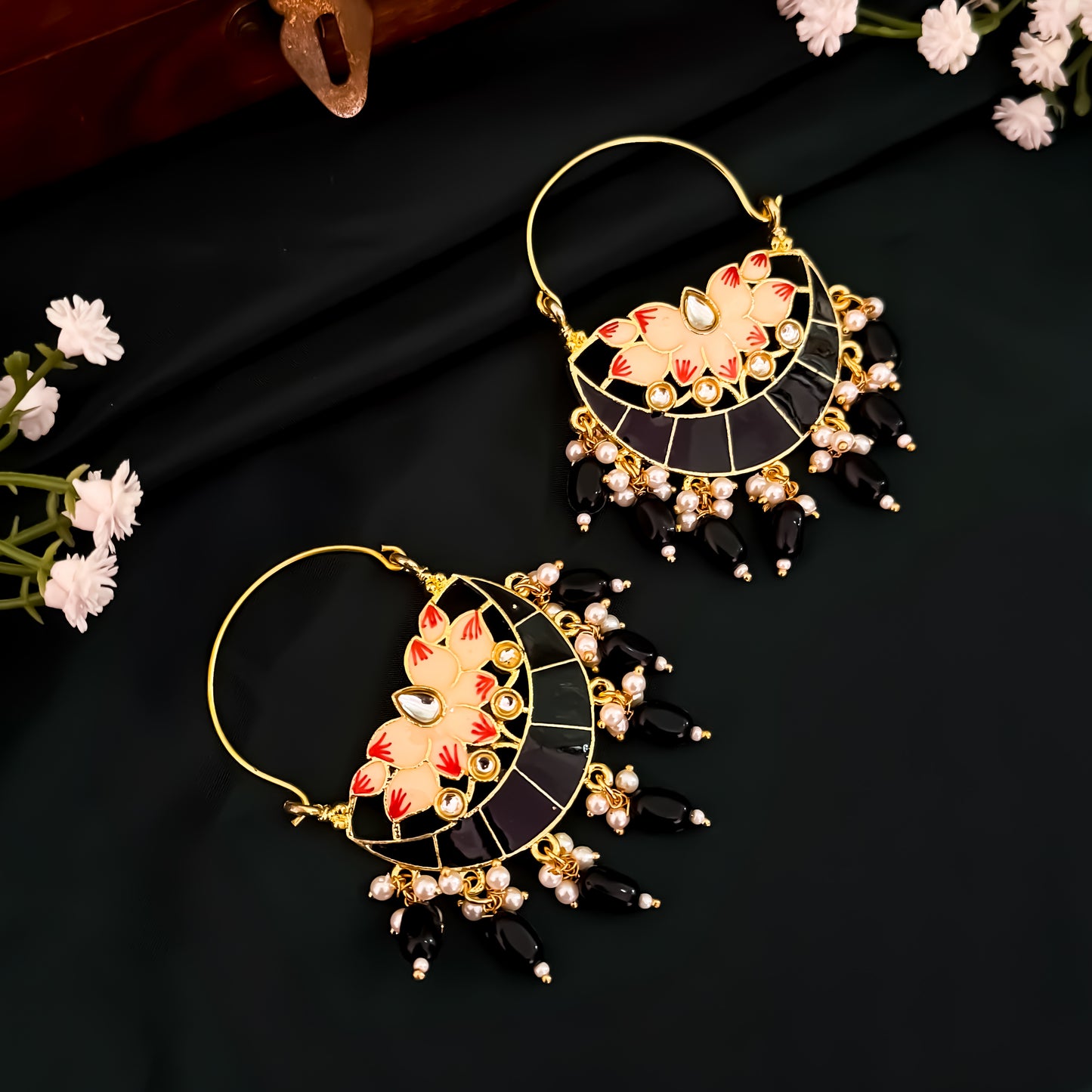 Chandan Meenakari Chandbali Earrings - Black