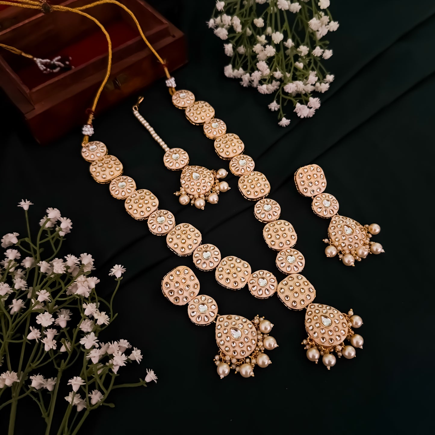 Jubina Meenakari Kundan Long Necklace Set- Golden