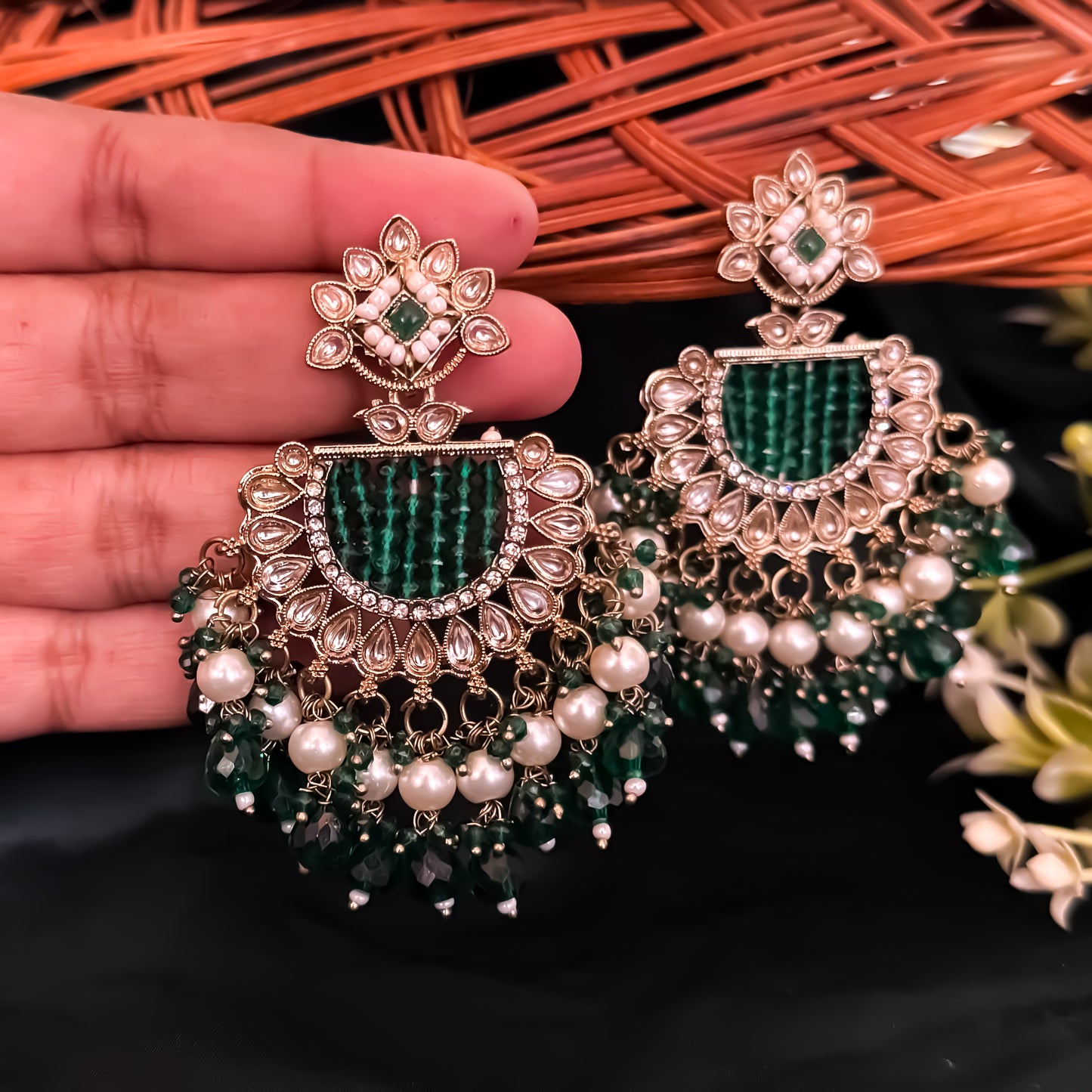 Mansa Kundan Pearl Chandbali - Green