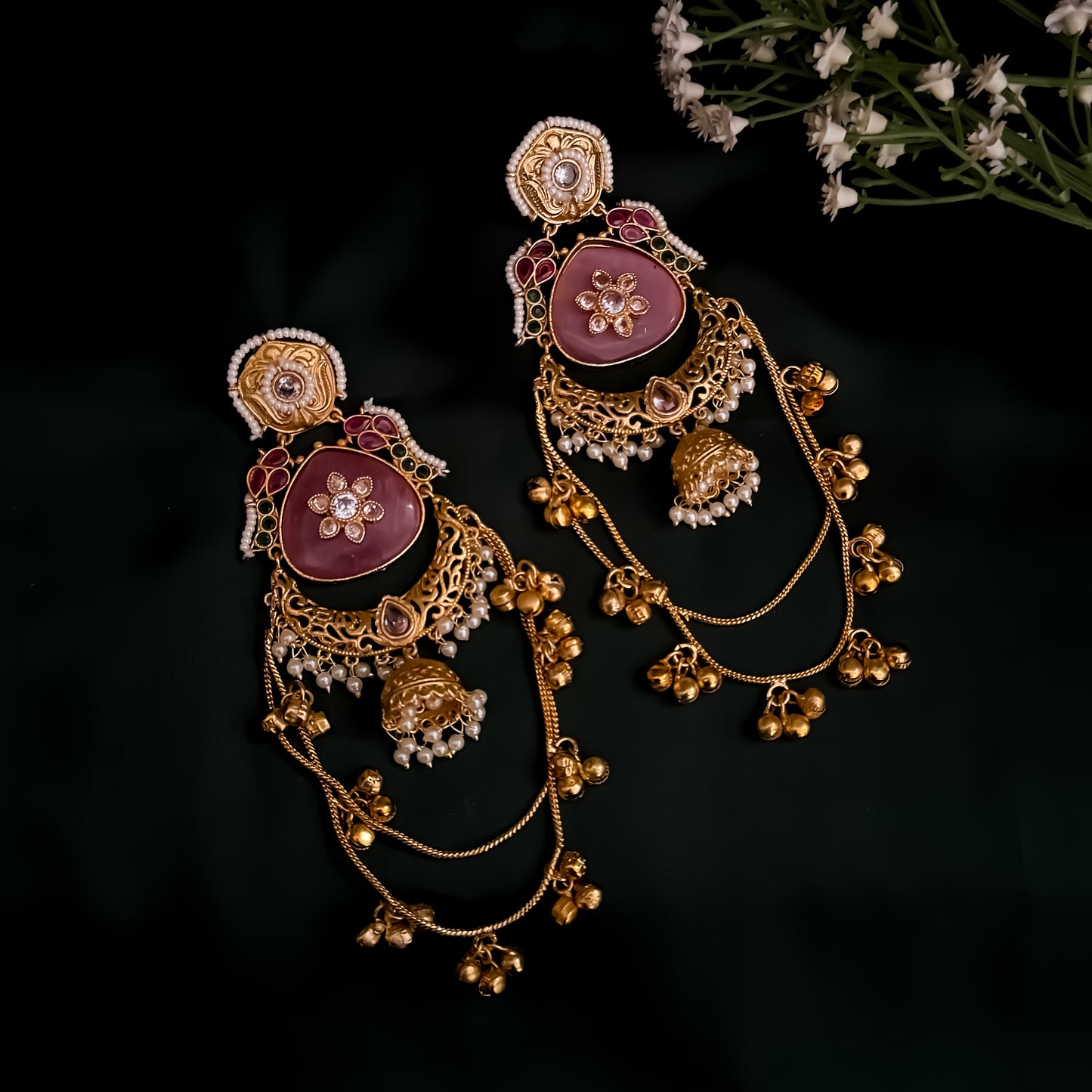 Rajshree Kashmiri Brass Dejhoor Ghungroo Jhumka Earrings - Pastel Pink