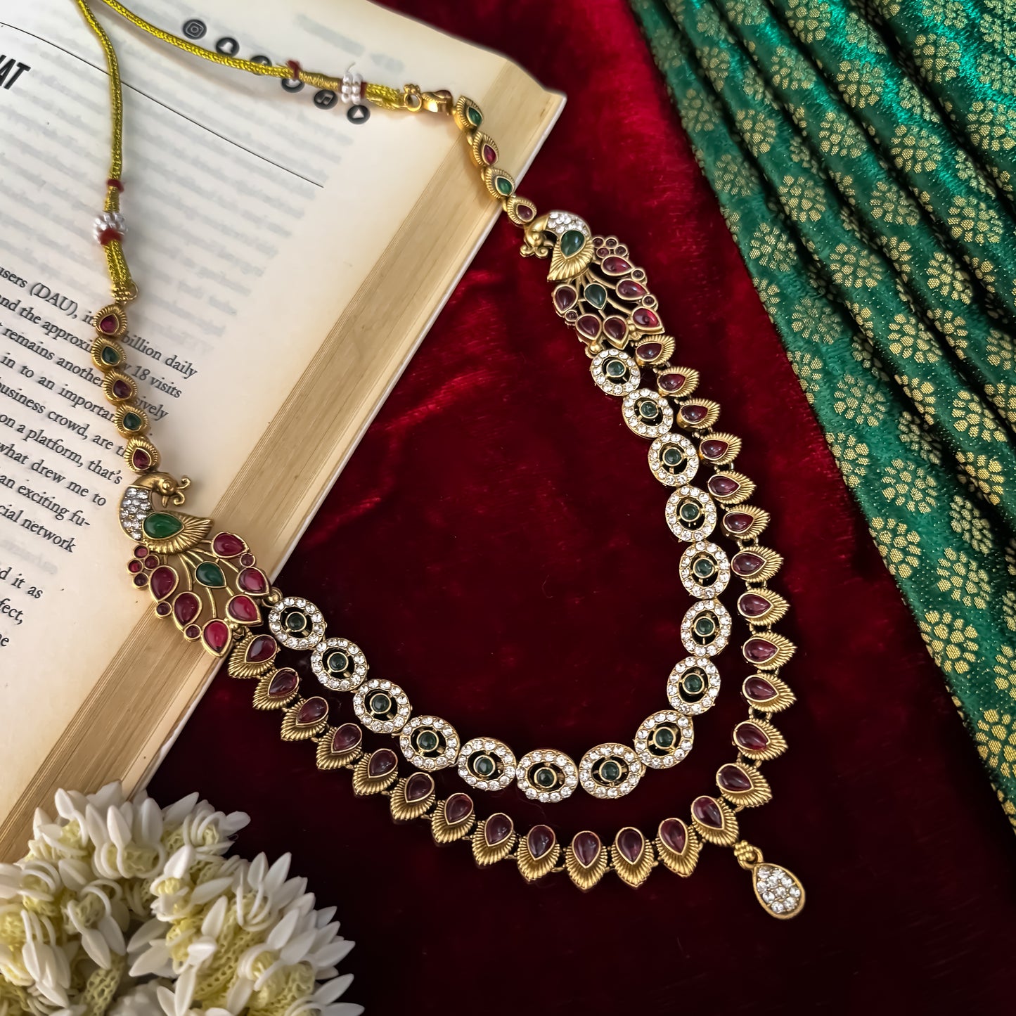 Aarna Double Layer Temple Necklace Set - Pink & Green