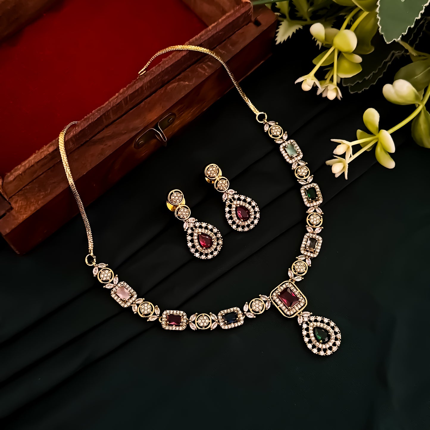 Vivian American Diamond Necklace Set - Multi
