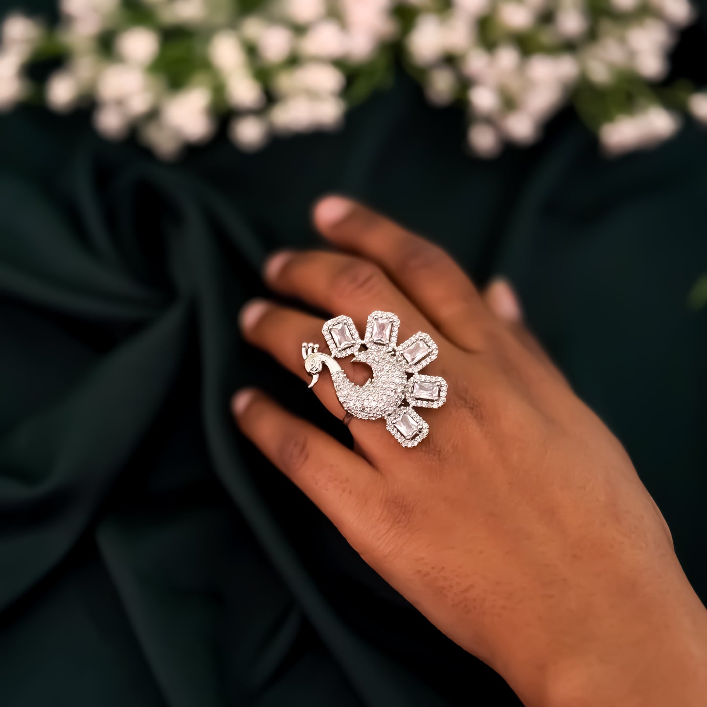Pretty Peacock American Diamond Silver Adjustable Ring