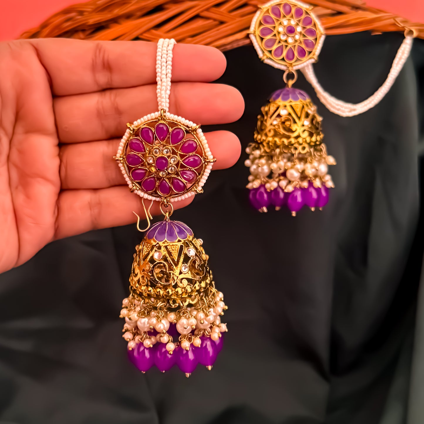 Nalini Cutwork Jhumka Earrings with Sahara- Purple