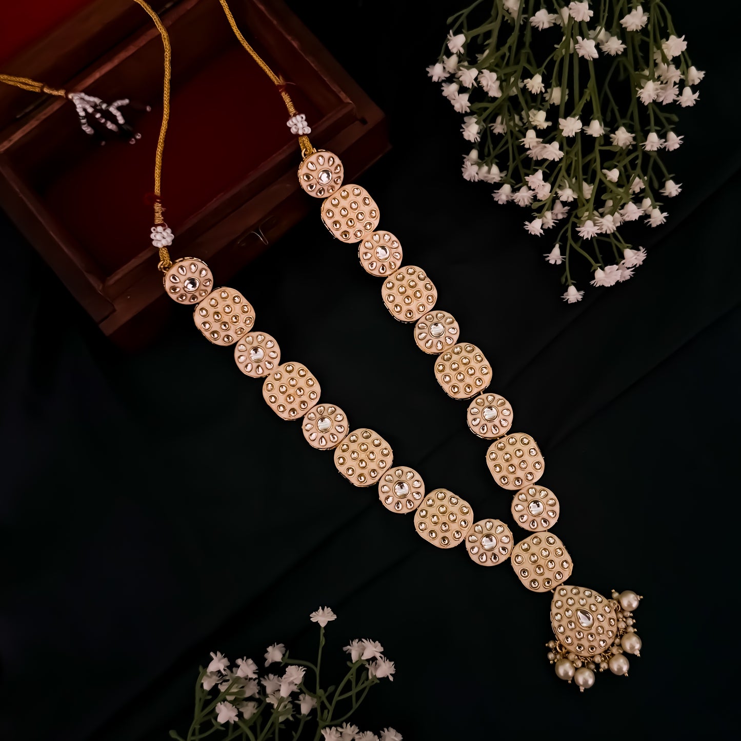 Jubina Meenakari Kundan Long Necklace Set- Golden