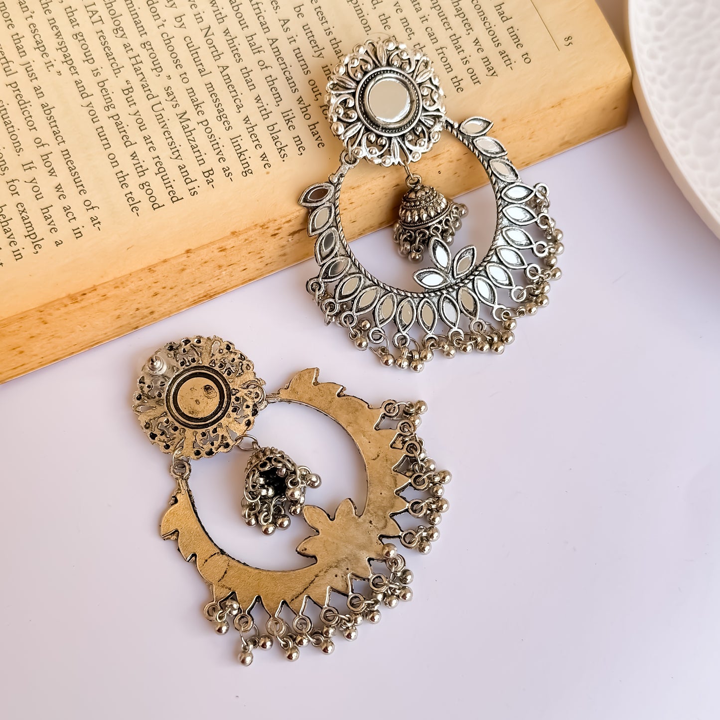 Chandni Mirror Silver Oxidised Chandbali Earrings