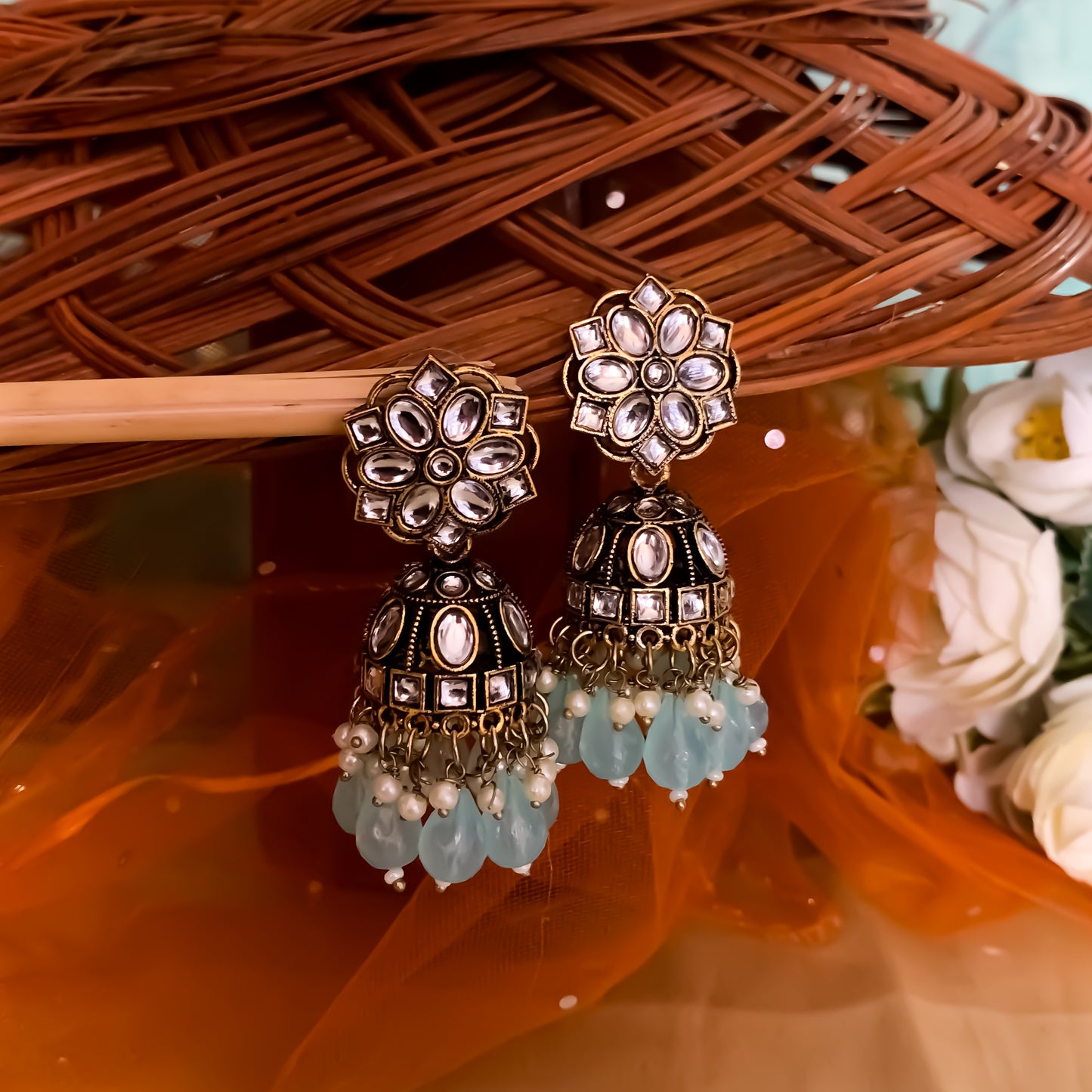 Aashika Pearl Jhumka Earrings- Sky Blue