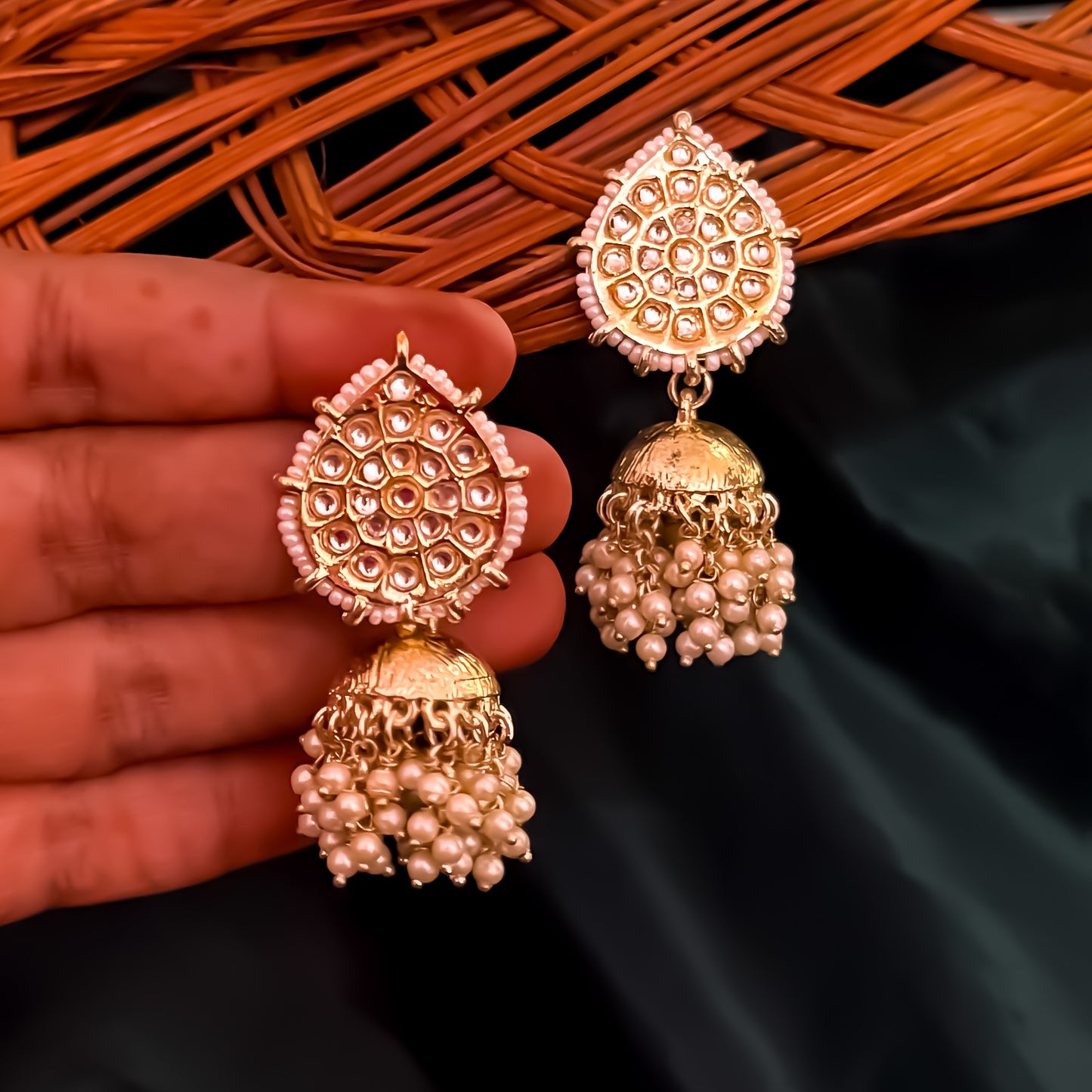Aarushi Dabi Kundan Pearl Loaded Jhumka Earrings - Golden