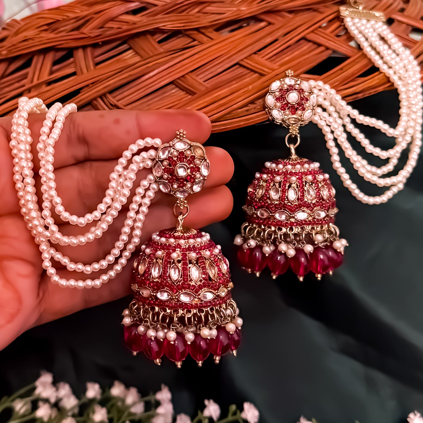 Mehvish Jadau Reverse AD Jhumka Earrings with Earchain - Hot Pink