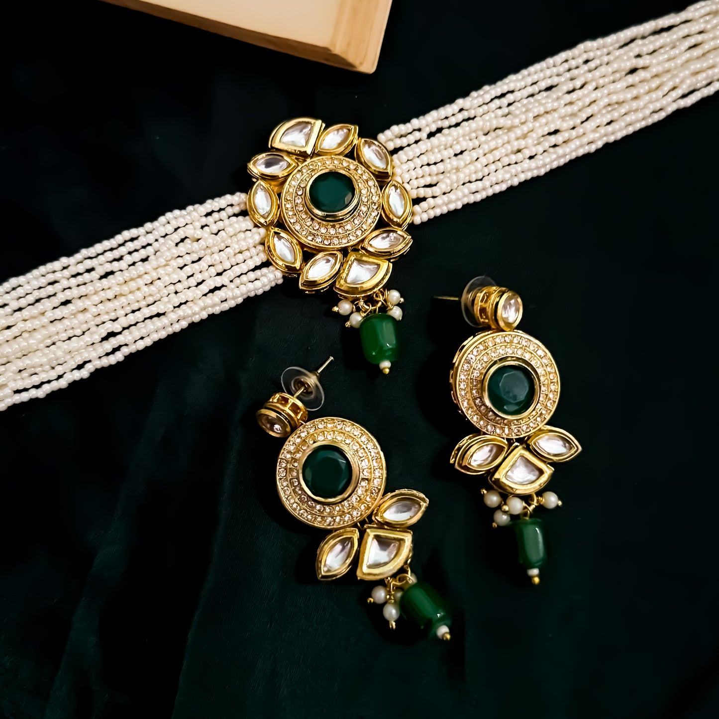Shree Kundan Pearl Necklace Set - Green