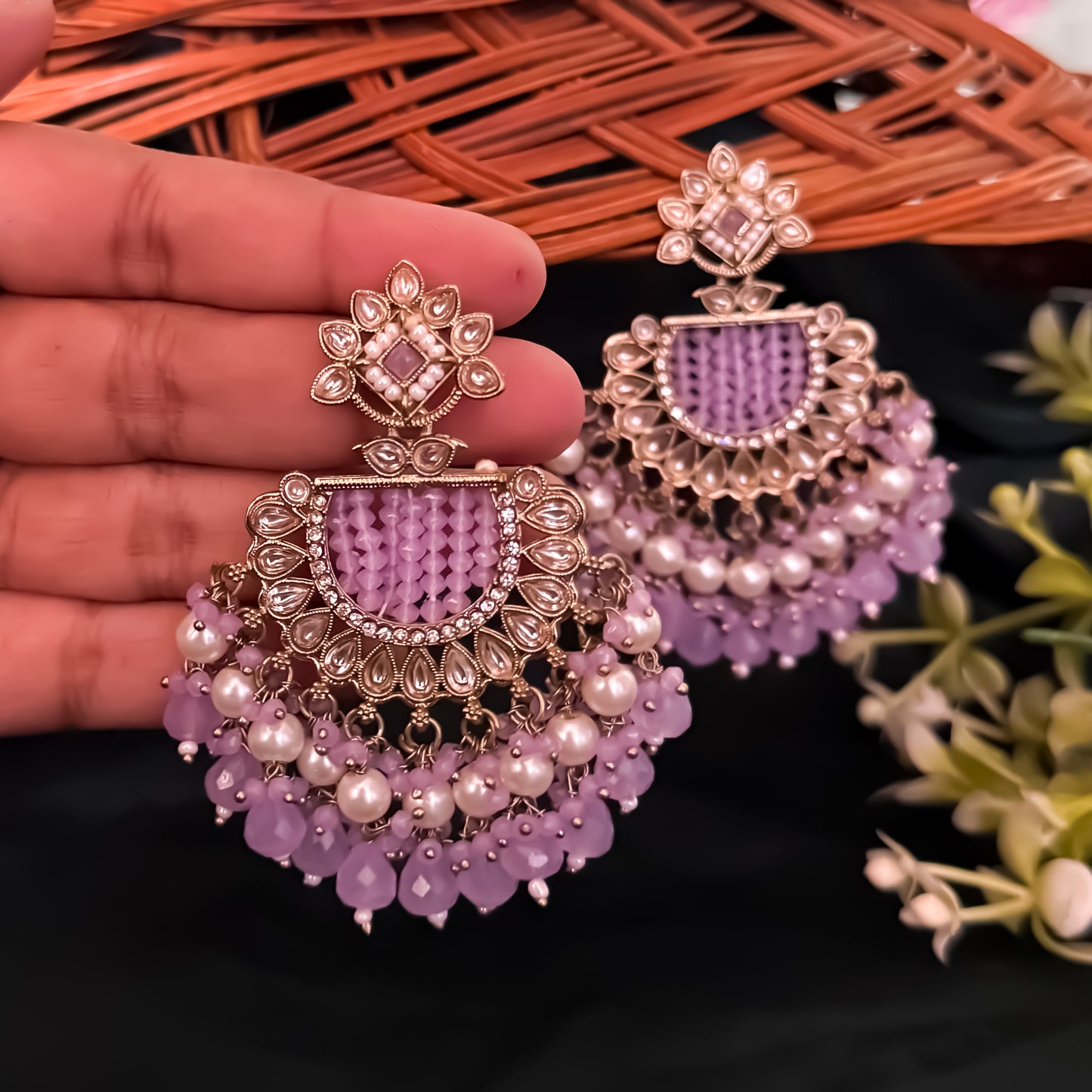 Mansa Kundan Pearl Chandbali - Lavender