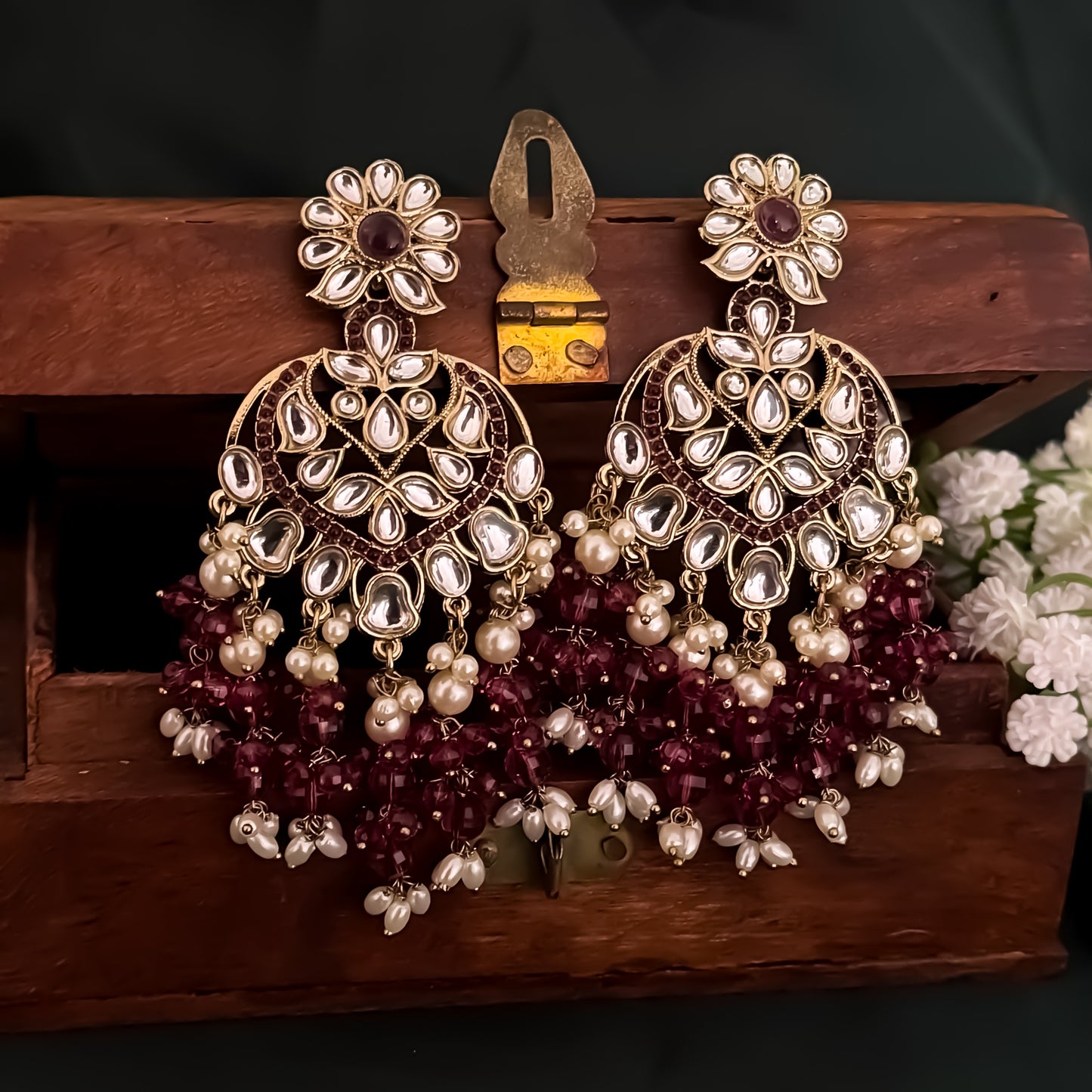 Aayat Kundan Pearl Chandbali Earrings - Wine