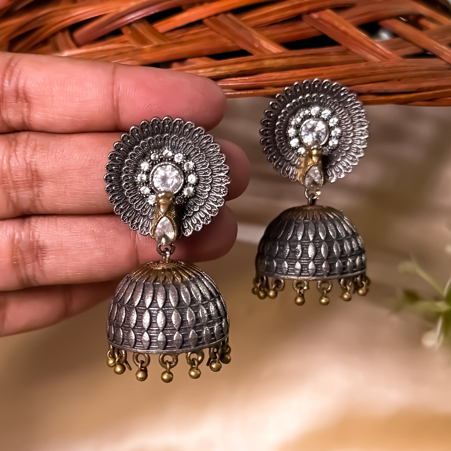 Mayuri 3D Zircon SLA Brass Jhumka Earrings - Crystal White