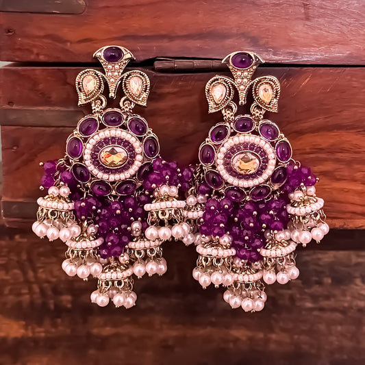 Heer Pearl Jhumka Chandbali Earrings - Purple
