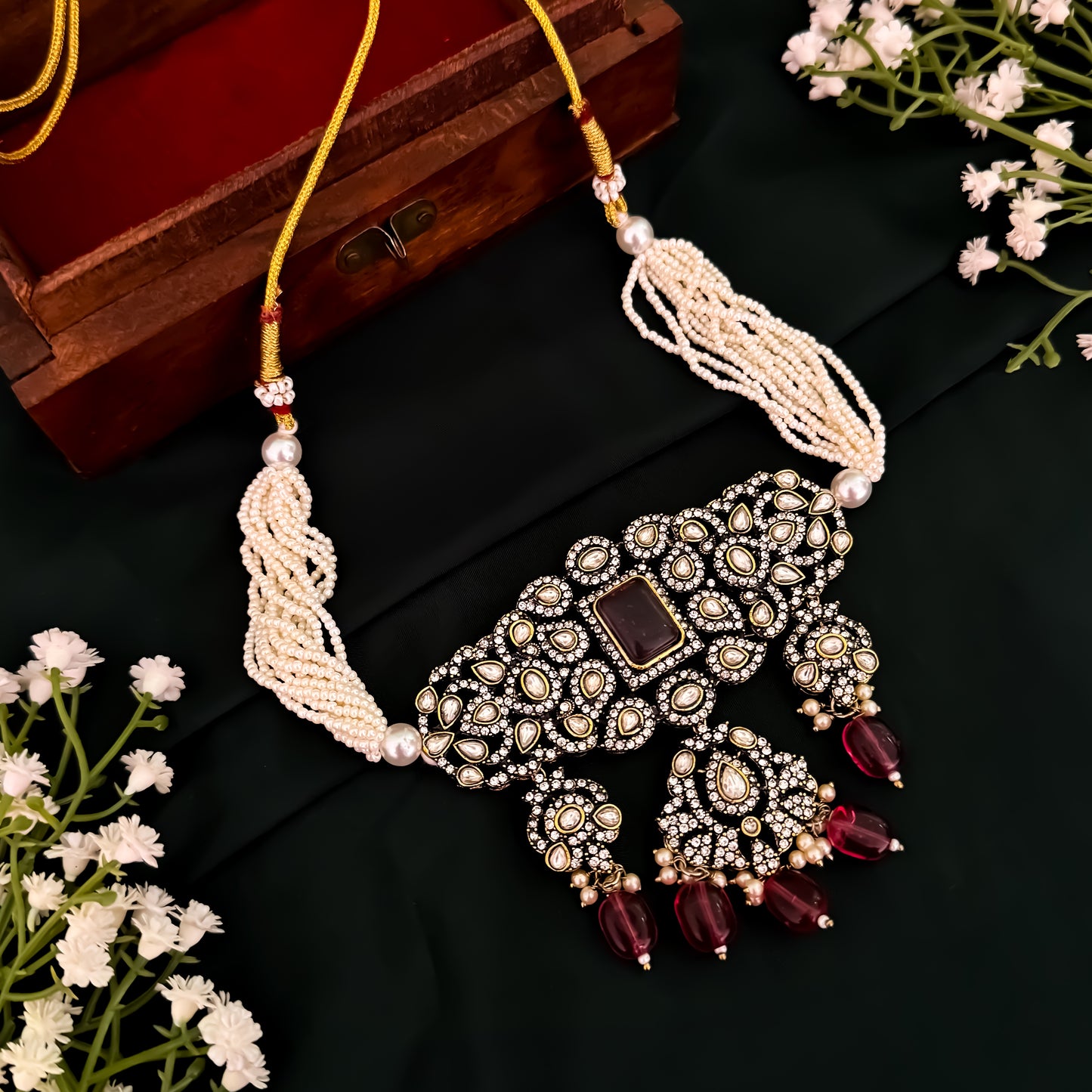 Aadhika Victorian AD Pearl Choker Necklace Set - Wine