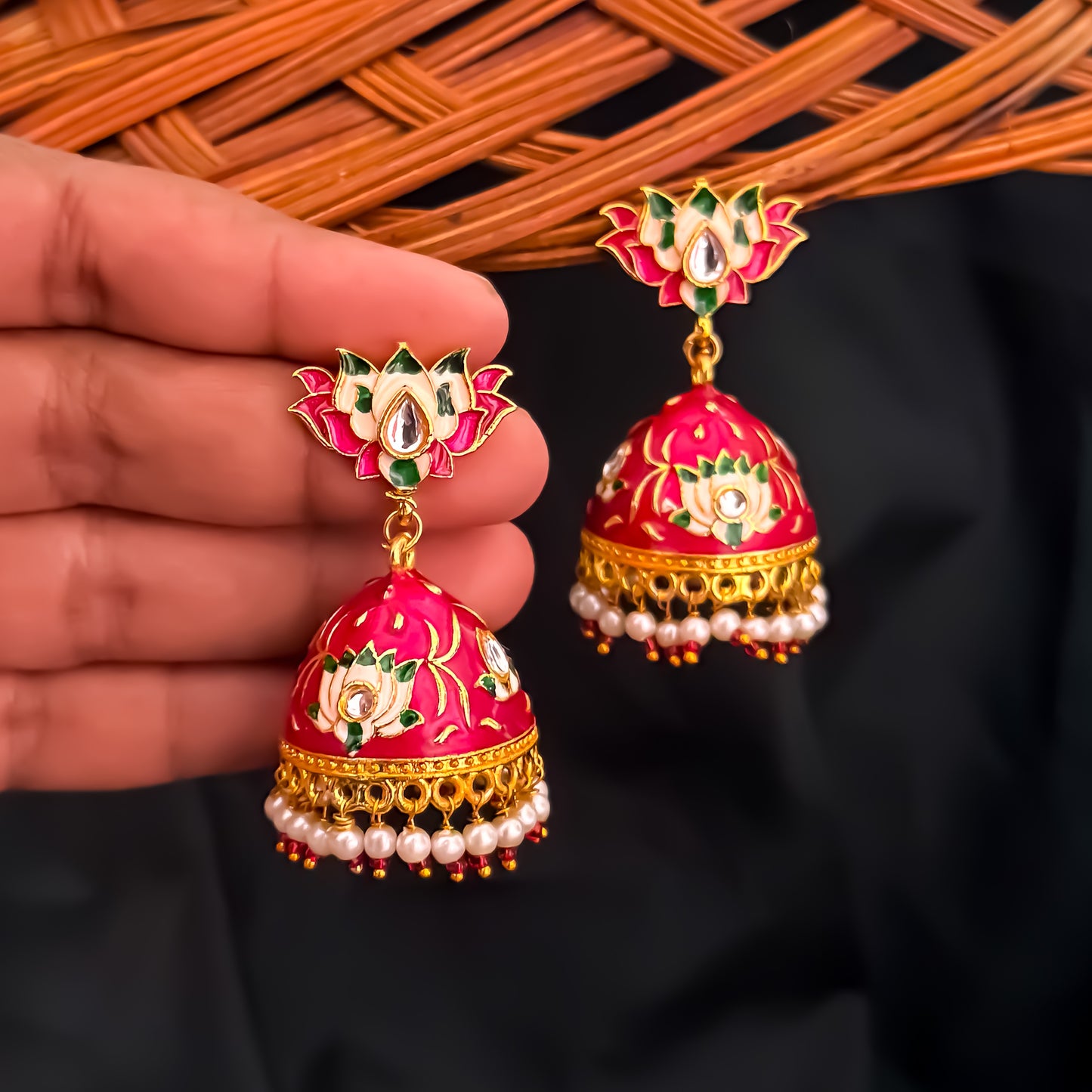 Lotus Meenakari Jhumka Earrings- Pink