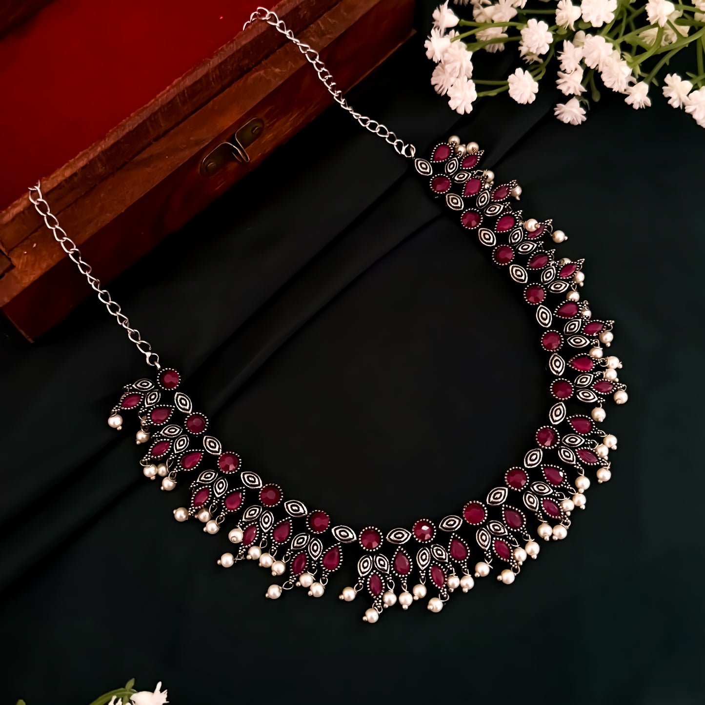 Kimaya Silver Necklace Set- Pink