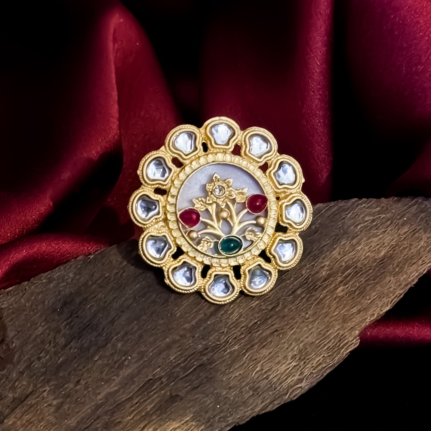 Rasikaa adjustable antique gold ring featuring an oversized circular kundan halo and hand painted mother of pearl floral center