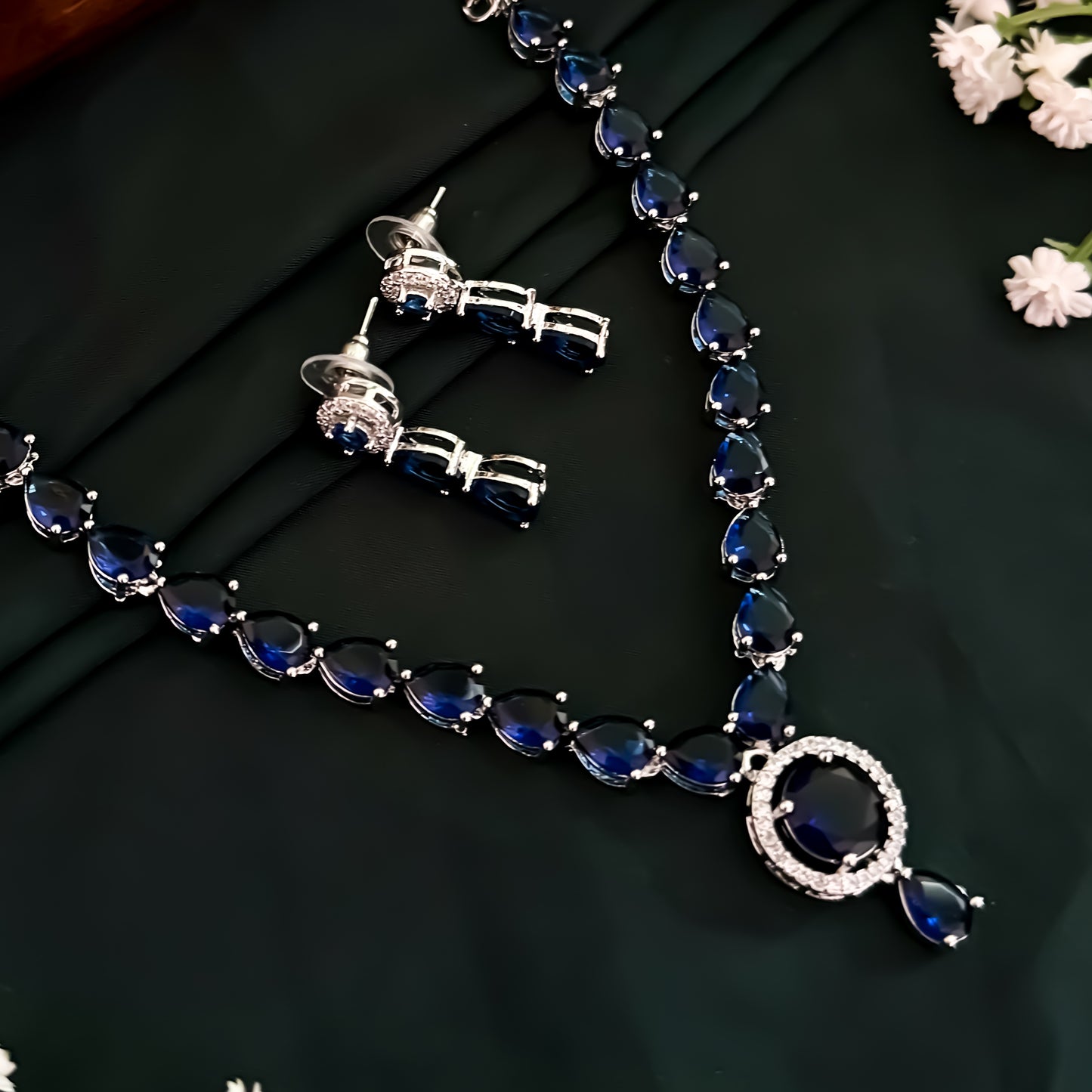 Eloise American Diamond Necklace Set- Royal Blue