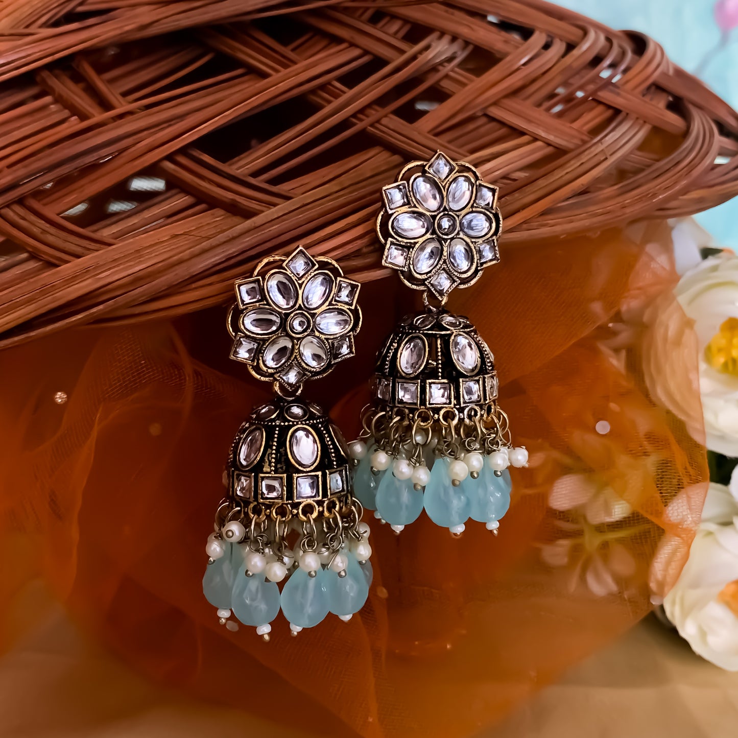 Aashika Pearl Jhumka Earrings- Sky Blue