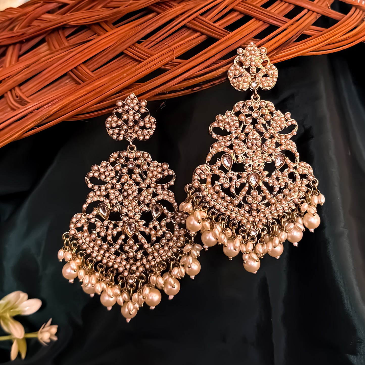 Shravya Jadau Chandbali Earrings - Golden