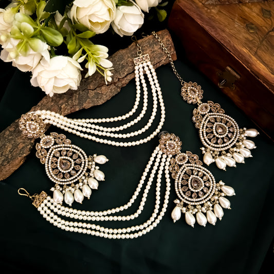 Kanika Jadau Chandbali Sahara Earrings & Mangtika Set - Ivory/Golden
