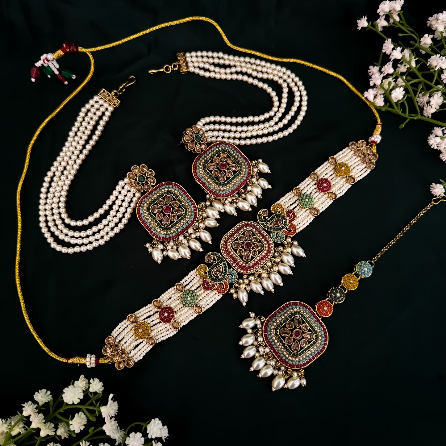 Raisha Jadau Reverse AD Necklace Set-Multi