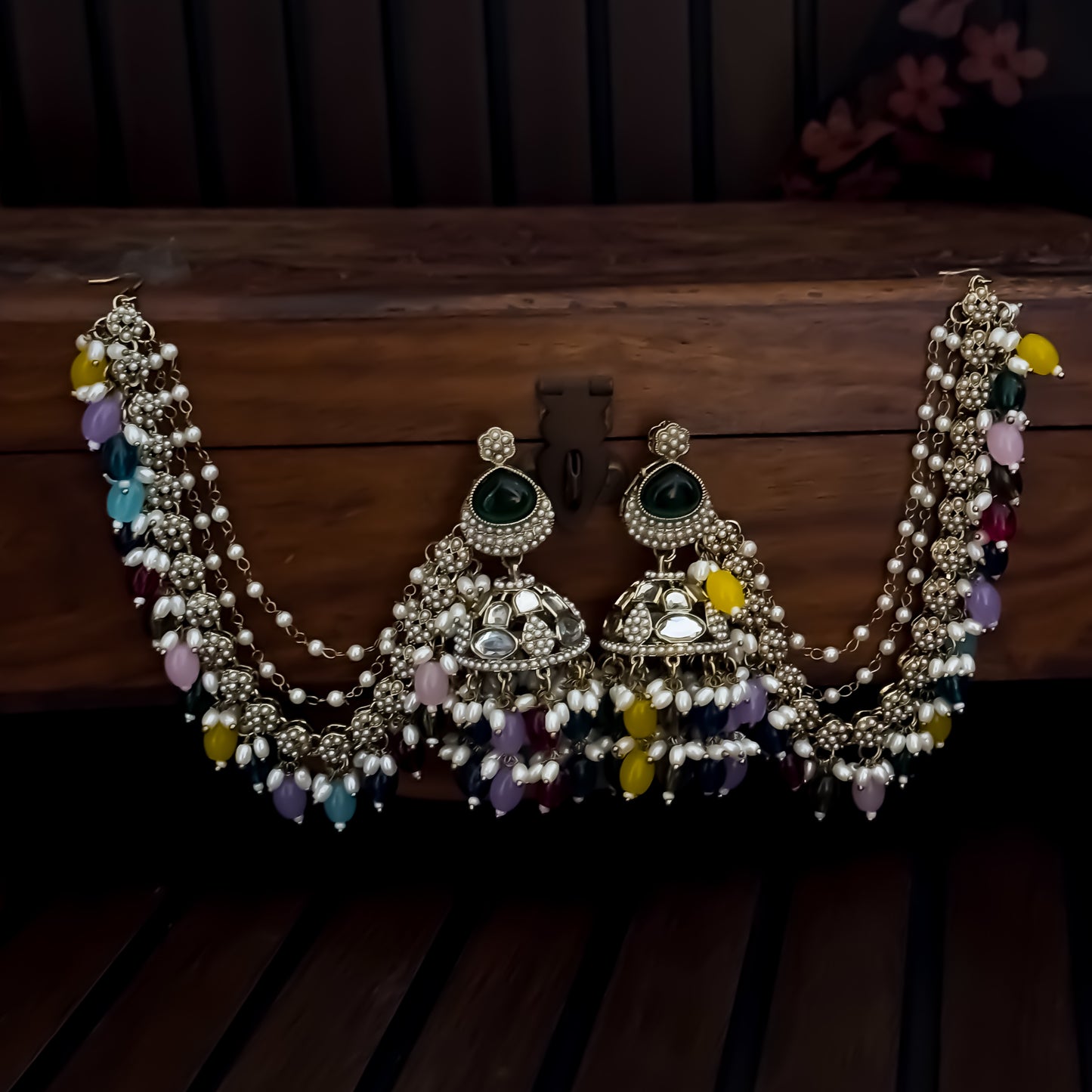 Kirat Jadau Mirror Jhumka Earrings with Sahara/Earchains - Multi