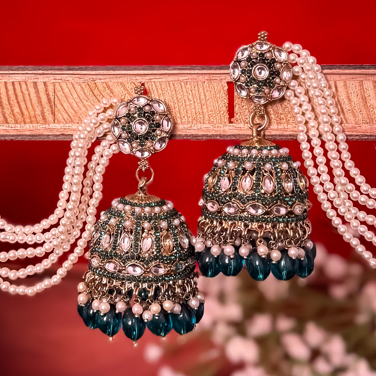 Mehvish Jadau Reverse AD Jhumka Earrings with Earchain - Peacock Blue