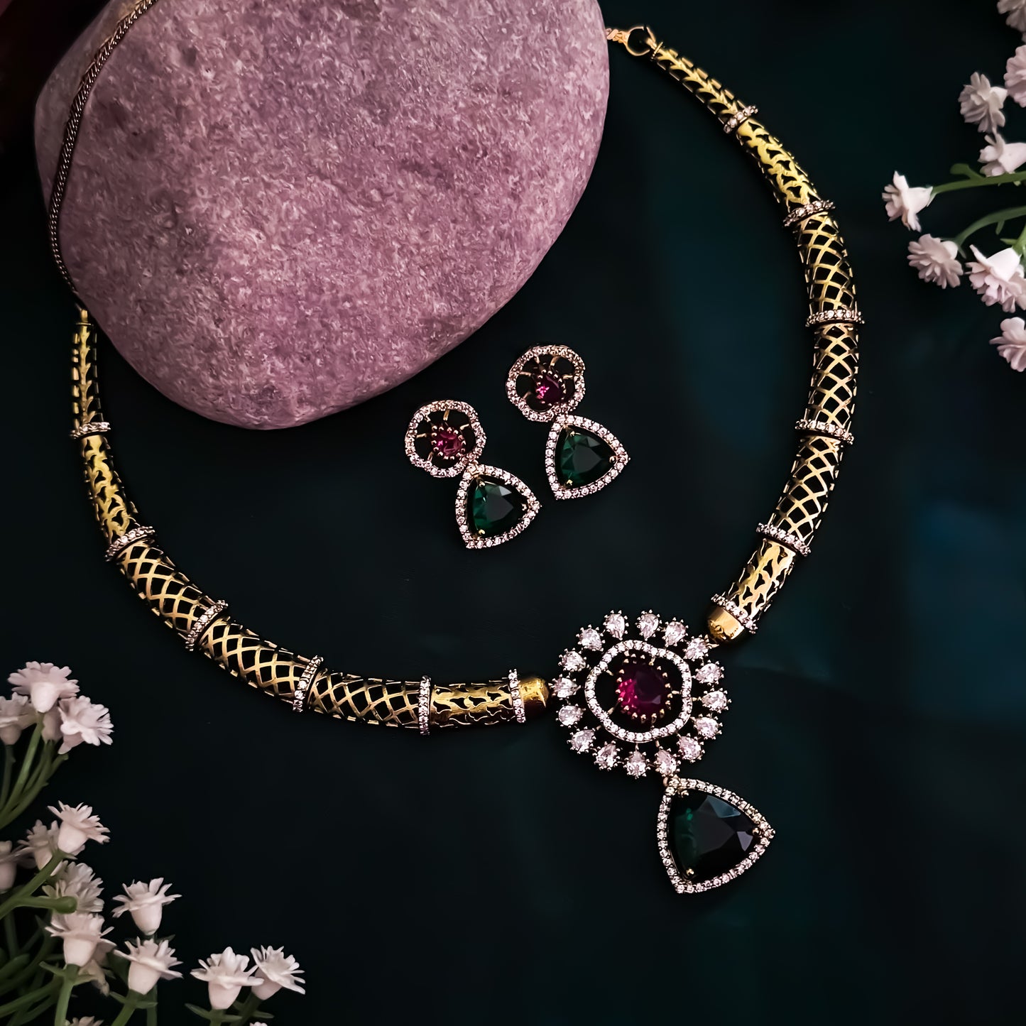 Srijya Victorian Work Pink & Green AD Hasli Necklace Set