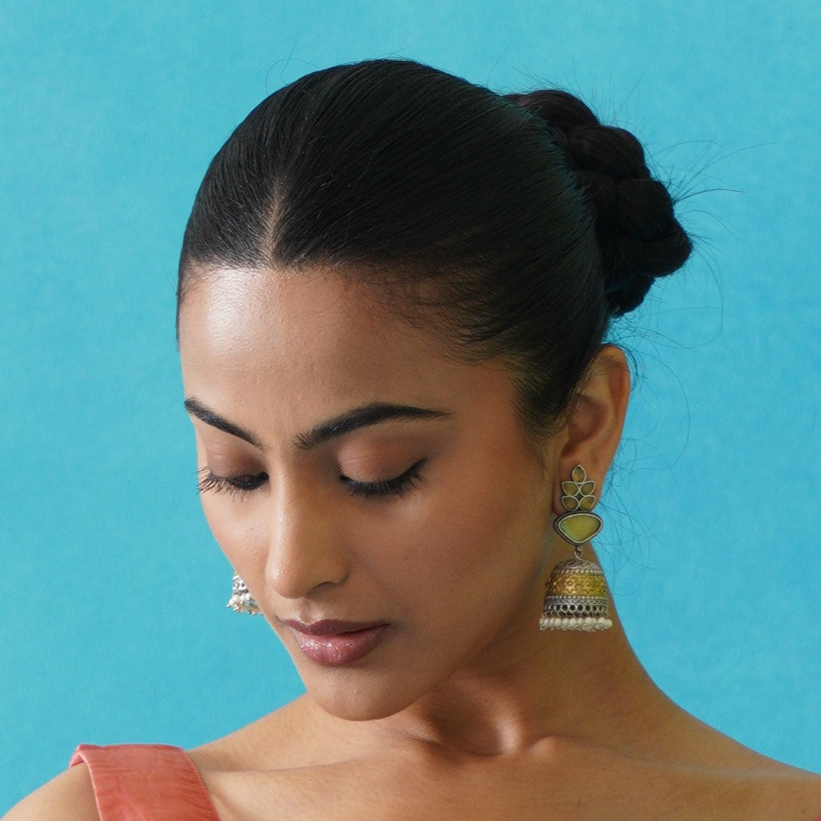 Monalisa Dual Tone Brass Jhumka Earrings - Lemon Yellow