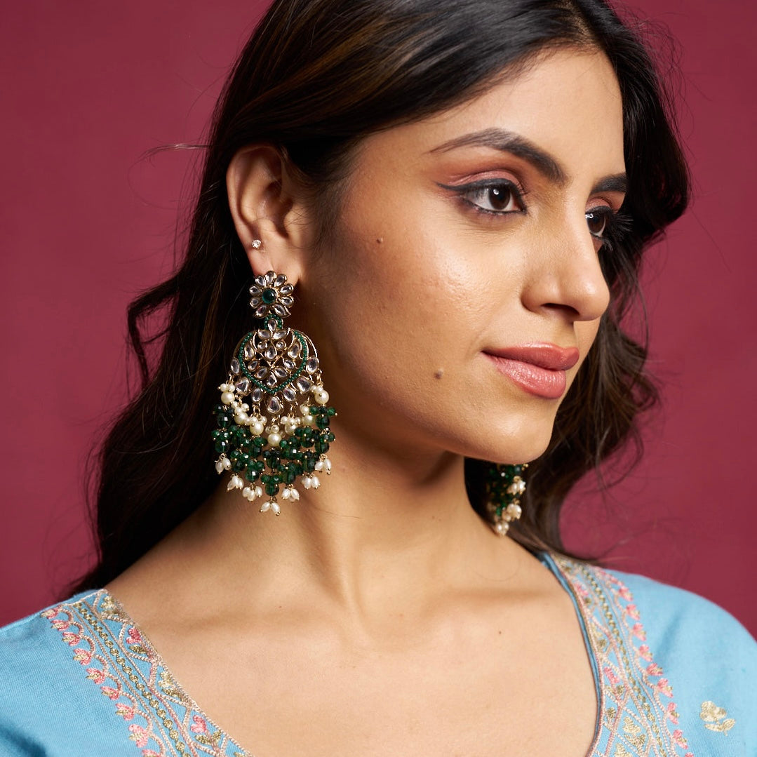 Aayat Kundan Pearl Chandbali Earrings - Green