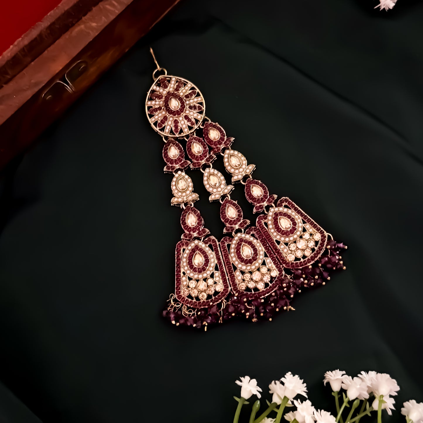 Sahana Jadau Preminum Reverse AD Gantnan Necklace Set with Teeka & Pasha - Wine