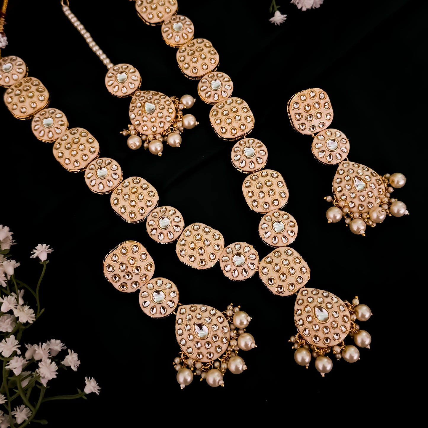 Jubina Meenakari Kundan Long Necklace Set- Golden
