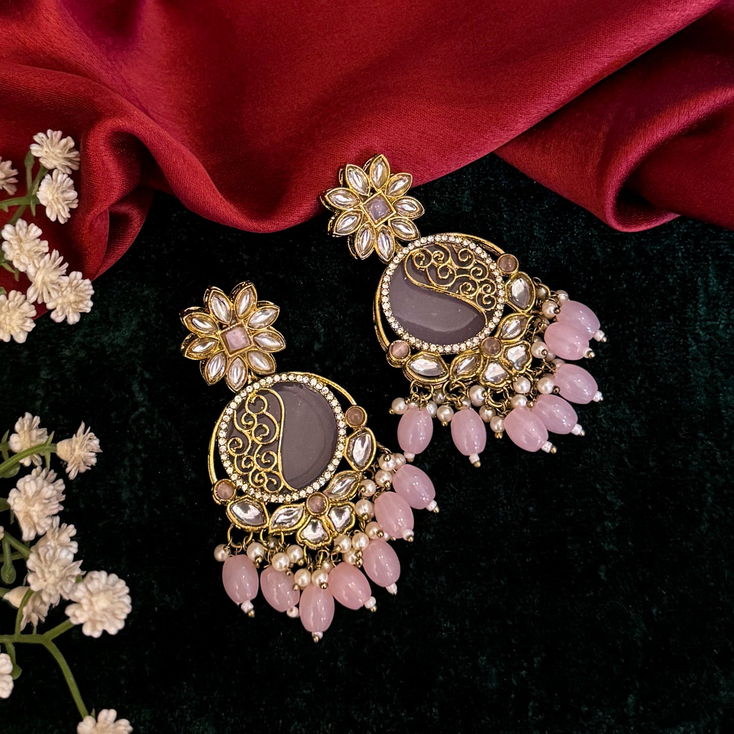 Ishika Premium Cutwork MOP Premium Chandbali Earrings - Baby Pink