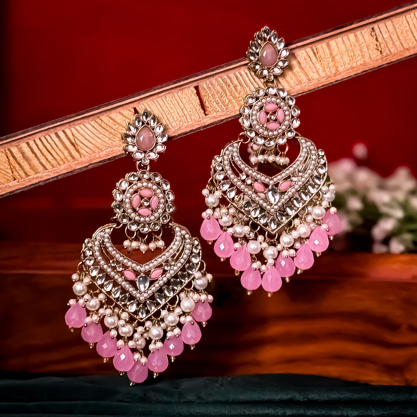 Shaba Jadau Kundan Chandbali Earrings - Baby Pink