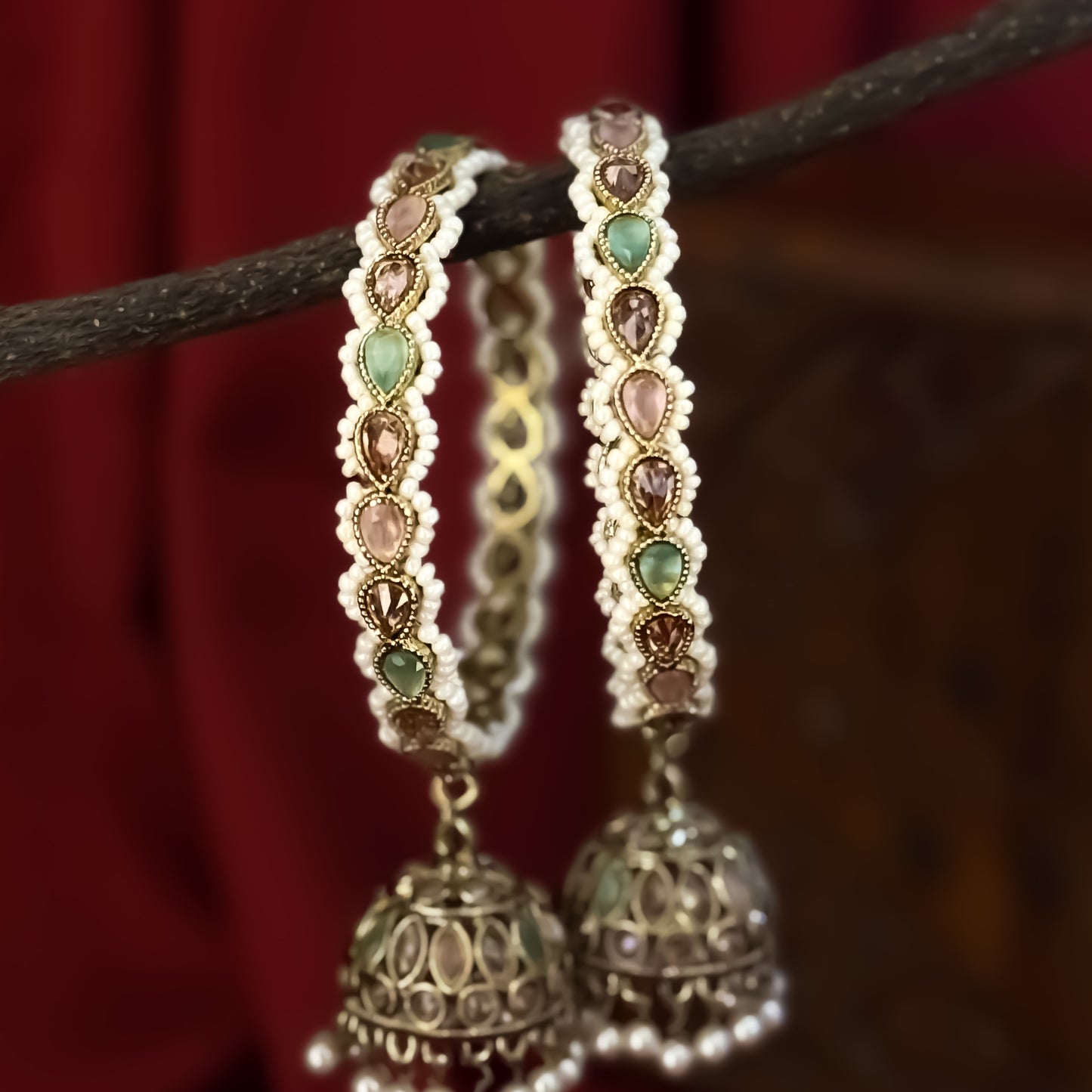 Mehram Premium Reverse AD Kaleere Jhumki Bangles (Set of 2) - Pastel Pink & Pastel Green