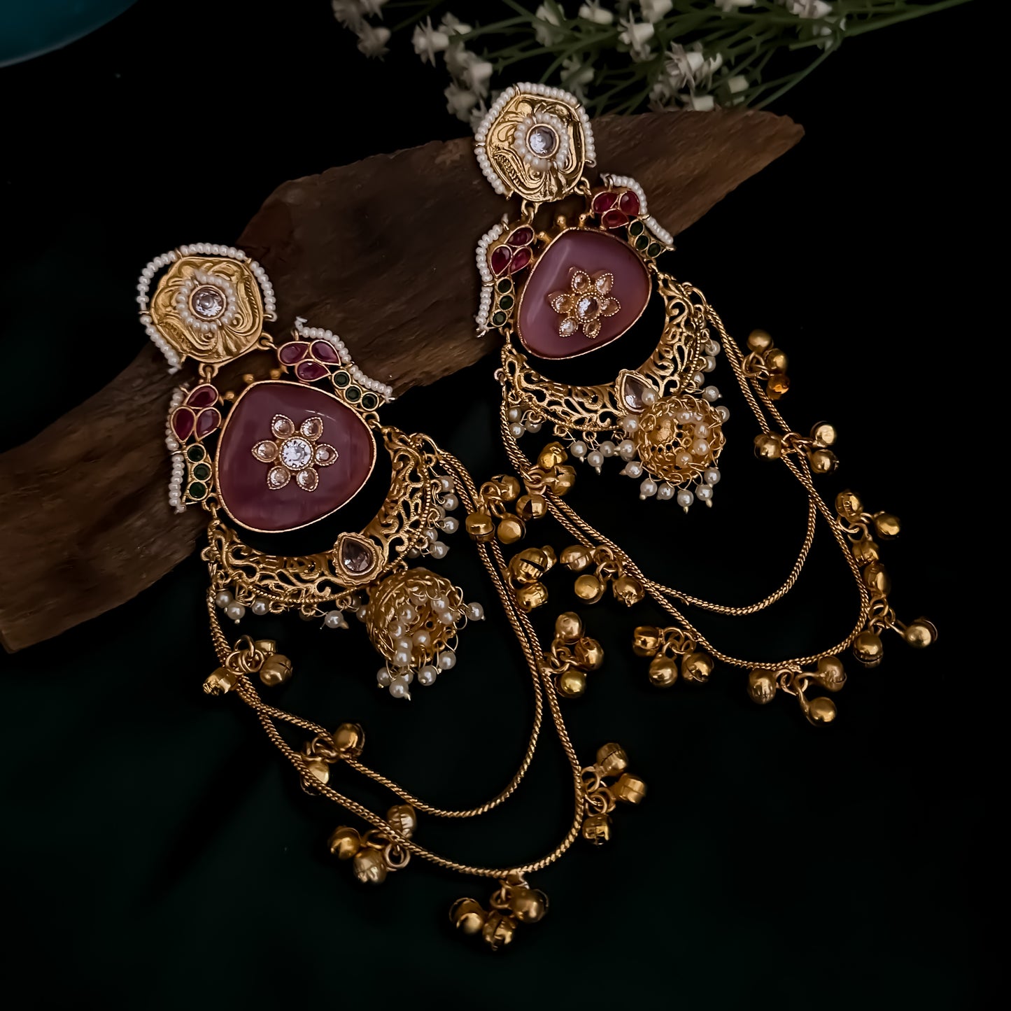 Rajshree Kashmiri Brass Dejhoor Ghungroo Jhumka Earrings - Pastel Pink