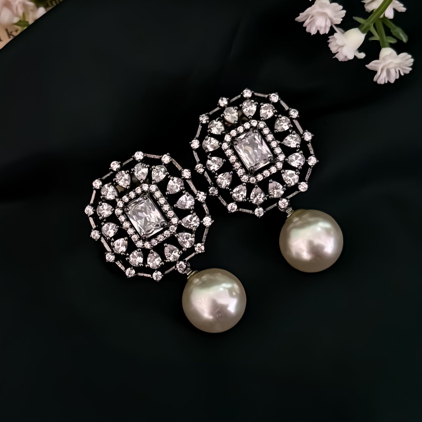Fiona American Diamond Pearl Drop Stud Earrings - Crystal White