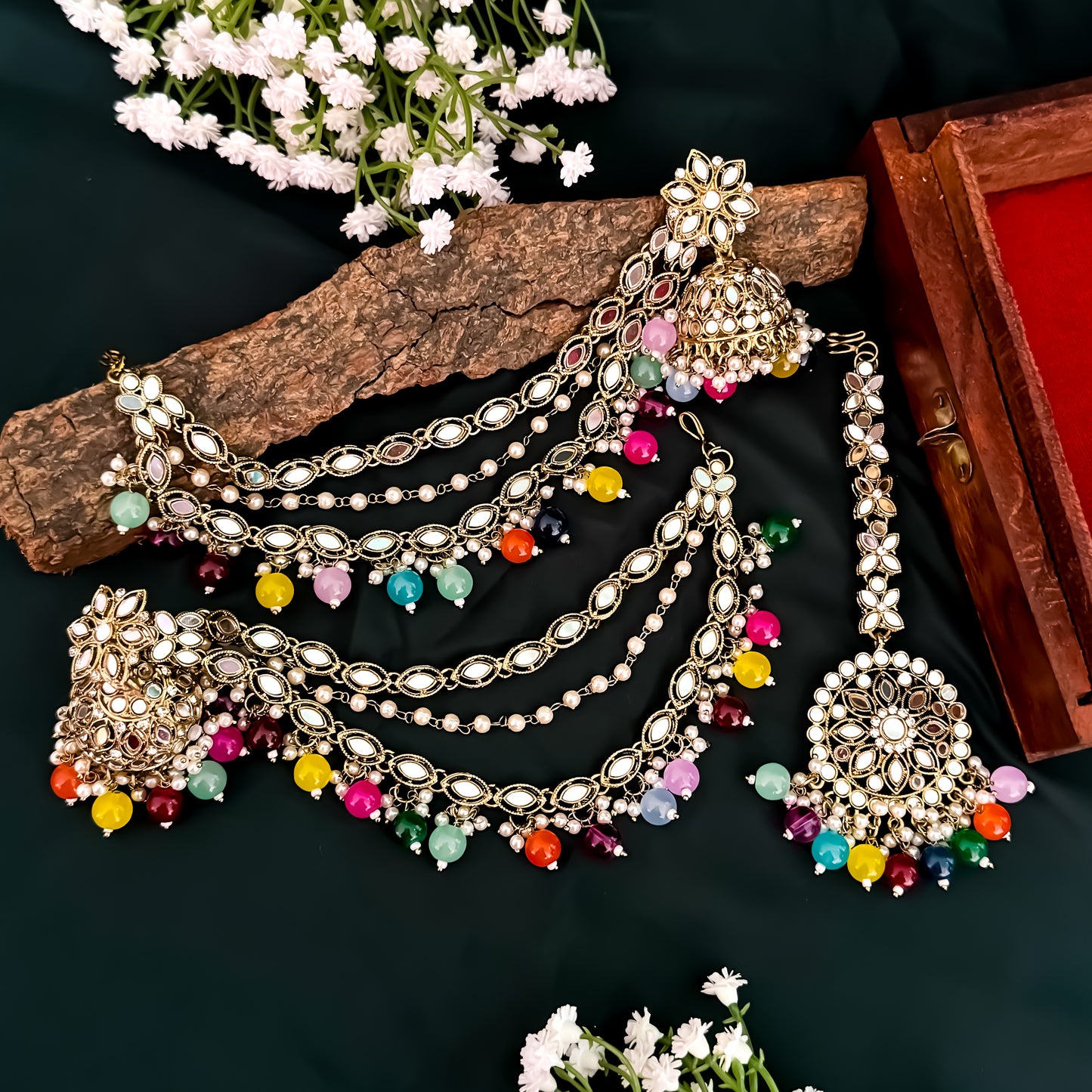 Mehek Mirror Jhumka Earrings with Sahara & Teeka- Multi
