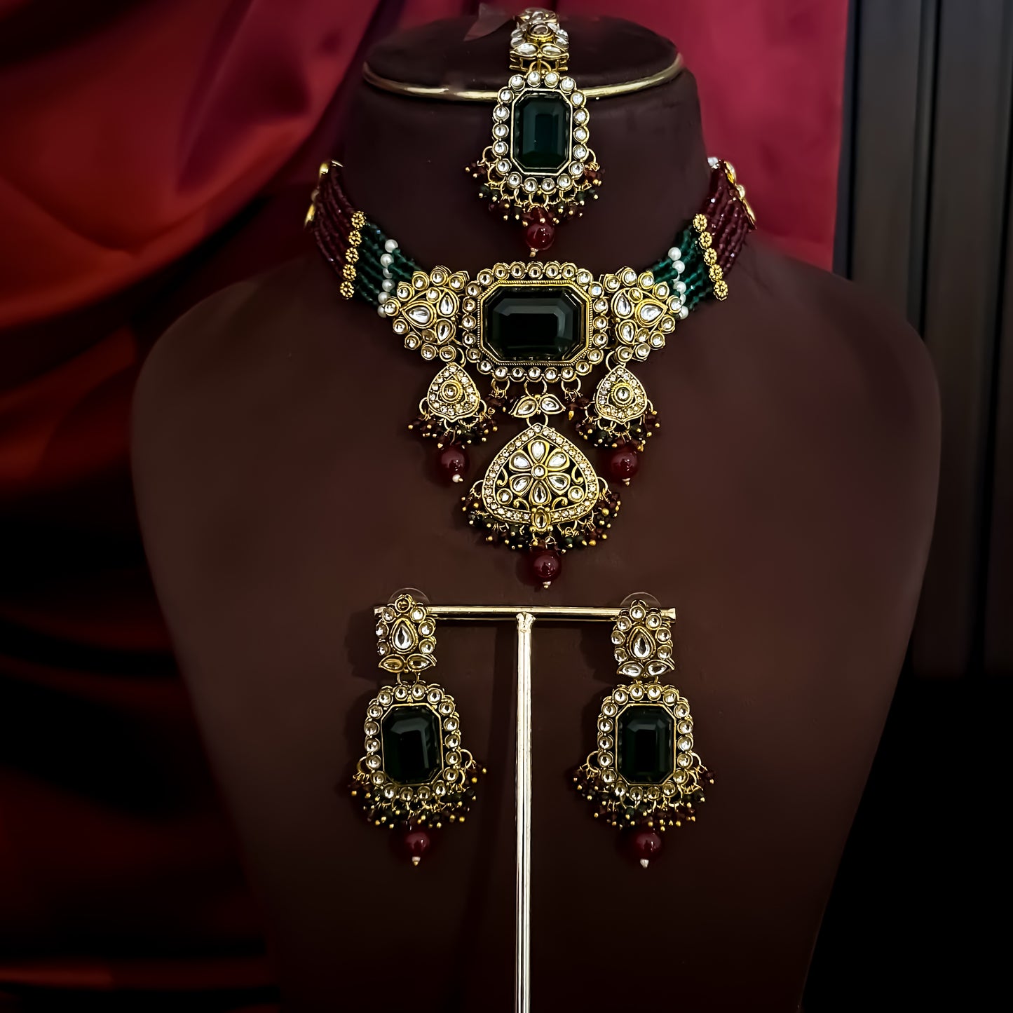 Shriya Kundan Choker Necklace Set - Maroon & Green