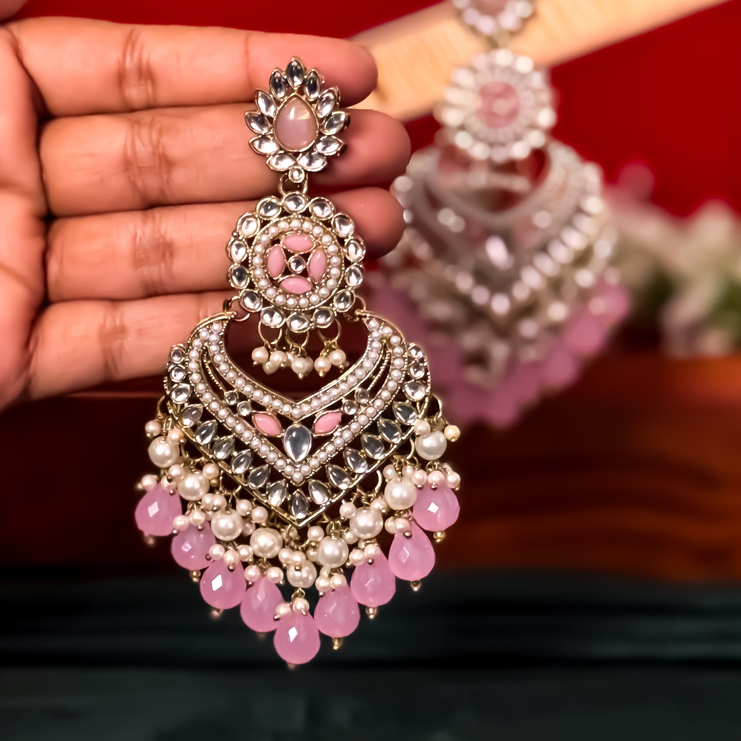Shaba Jadau Kundan Chandbali Earrings - Baby Pink
