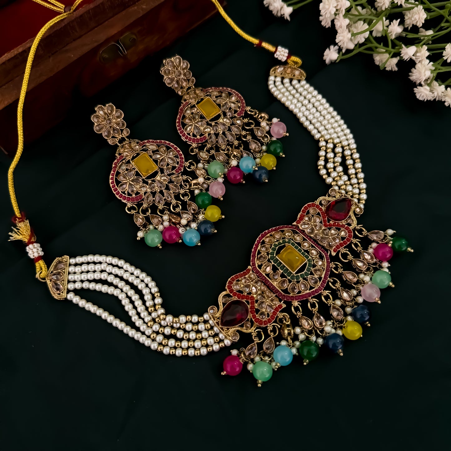 Nihal Reverse AD Necklace Set with Earrings & Teeka - Multi