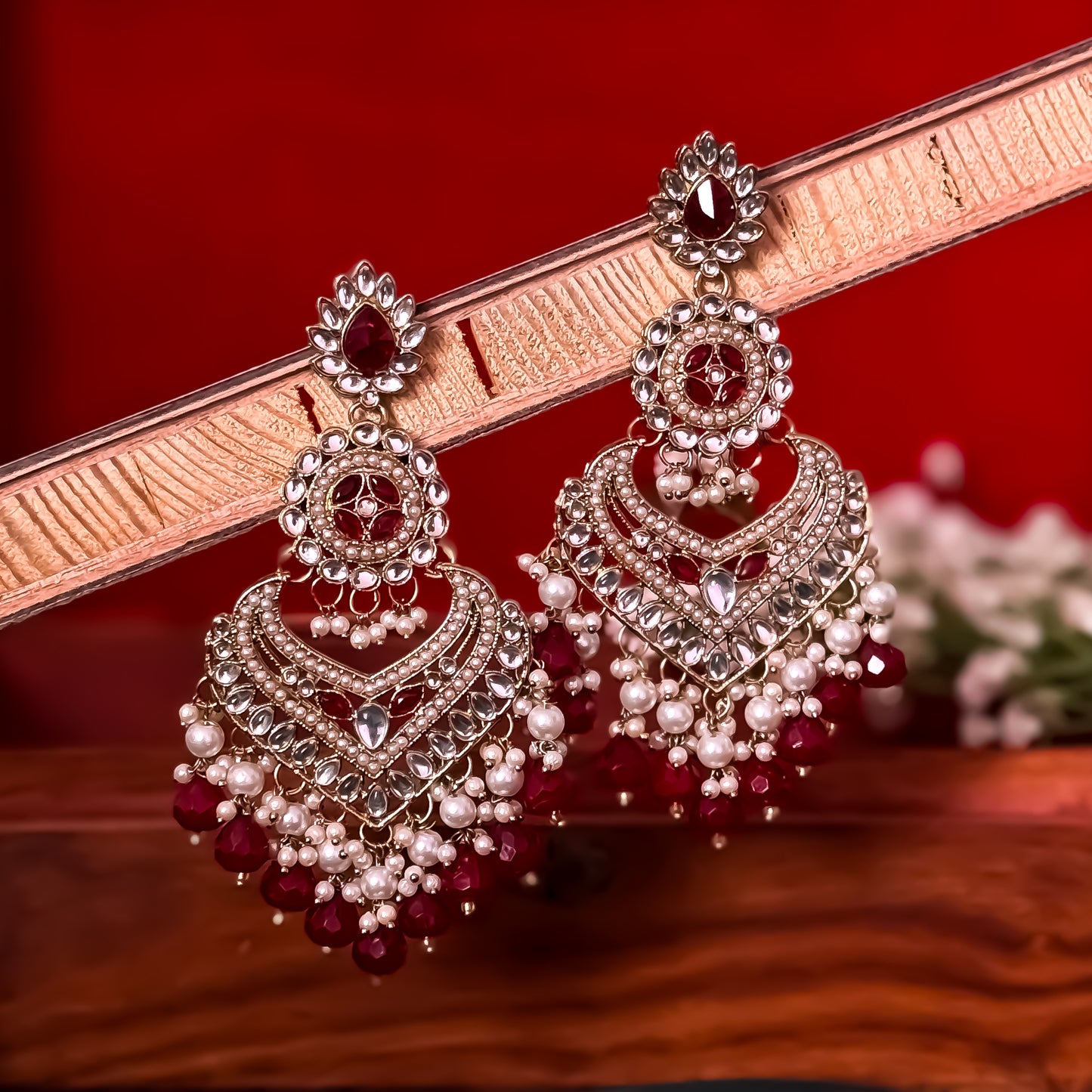 Shaba Jadau Kundan Chandbali Earrings - Maroon