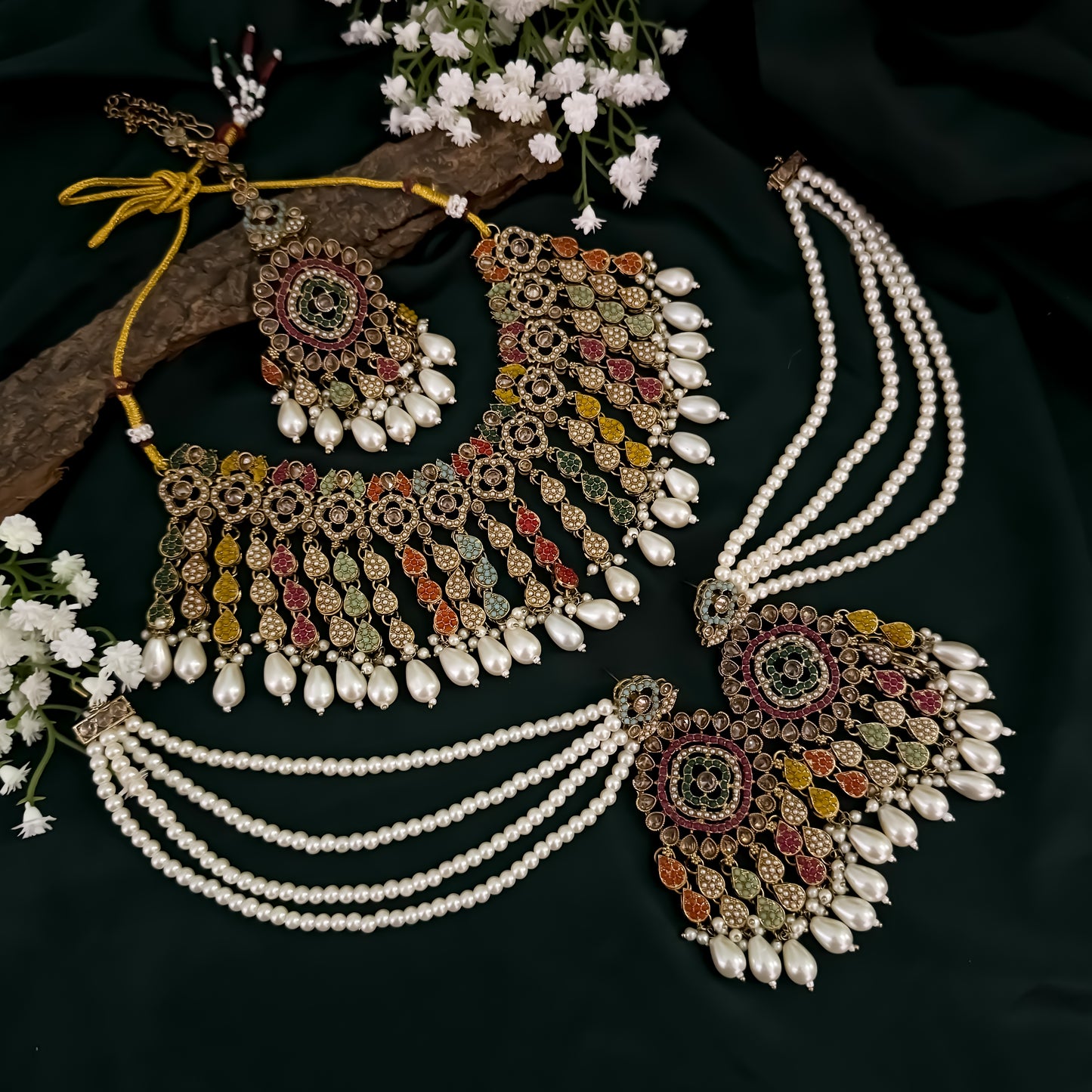 Riwaz Jadau Reverse AD Necklace Set - Multi