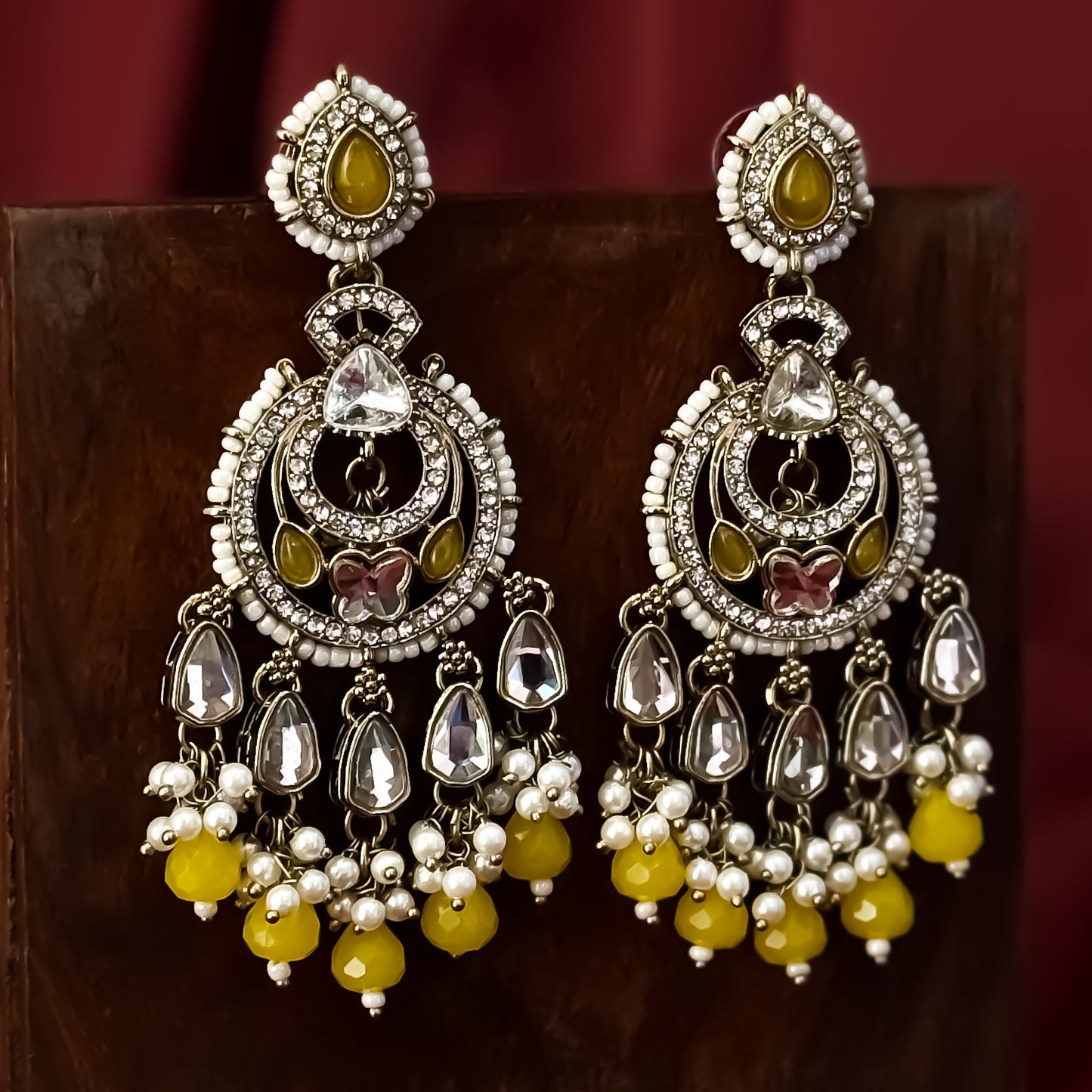 Athiya Kundan Pearl Premium Chandbali Earrings - Yellow