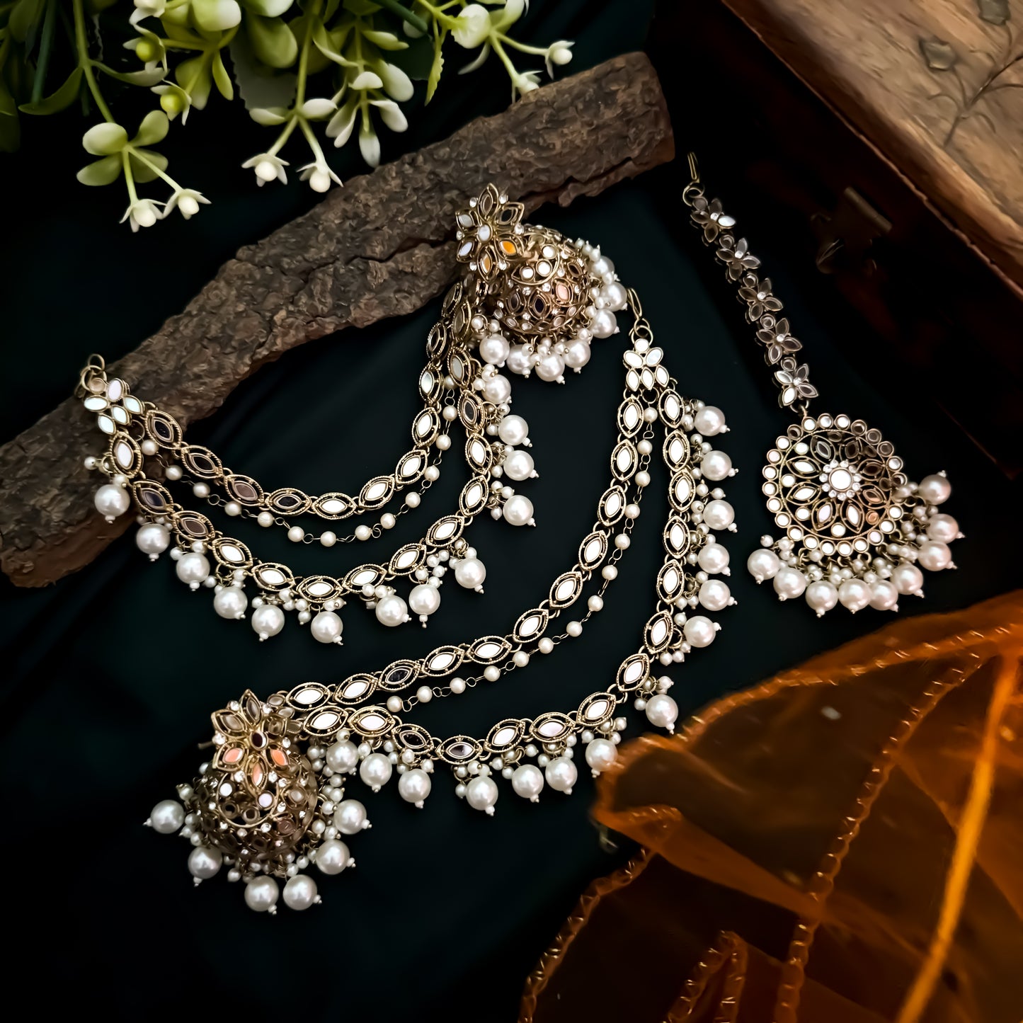 Mehak Mirror Jhumka Earrings with Sahara & Teeka