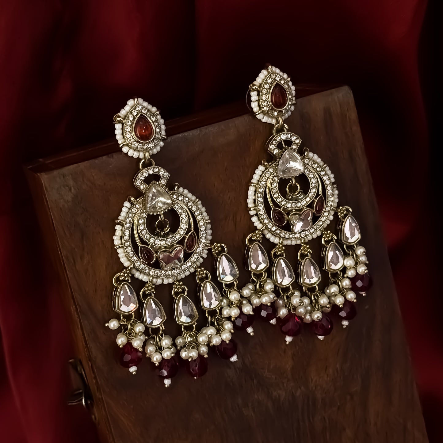 Athiya Kundan Pearl Premium Chandbali Earrings - Maroon