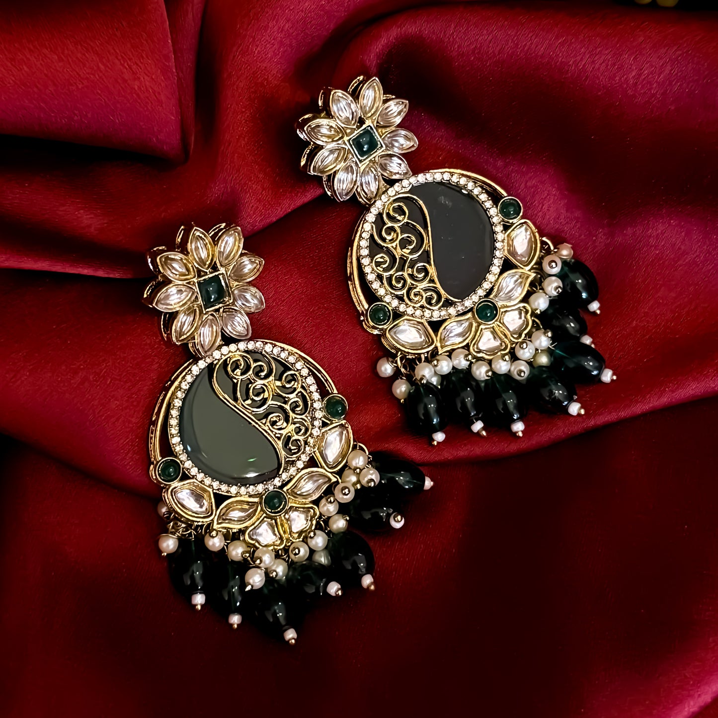 Ishika Premium Cutwork MOP Premium Chandbali Earrings - Green